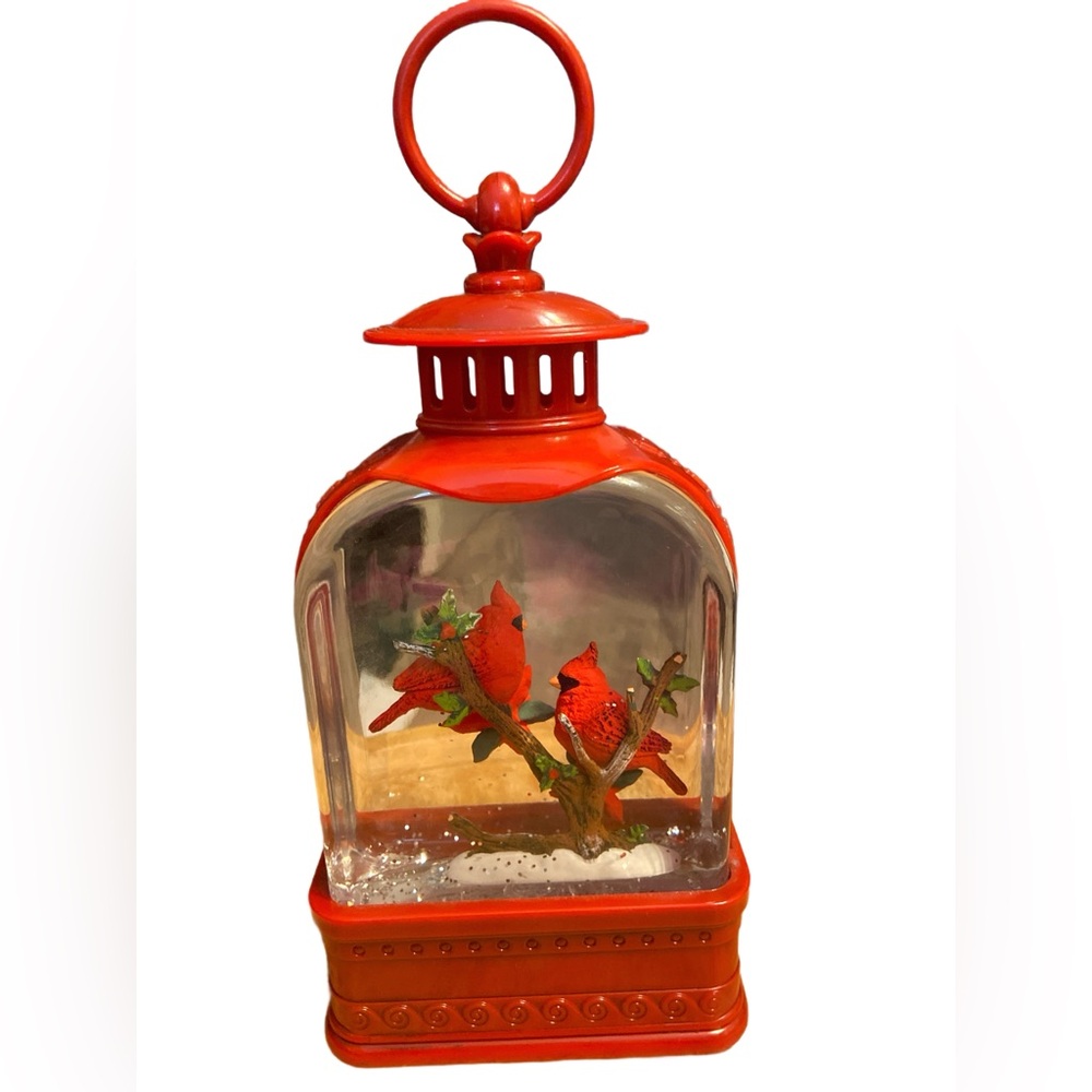Red and White Holiday Decor Collection snow globe with cardinals lights up - Picture 2 of 4